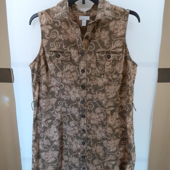 Charter‎ Club Woman's Plus Size Button Up Dress Size 16W Brown Floral Sleeveless - Picture 1 of 12